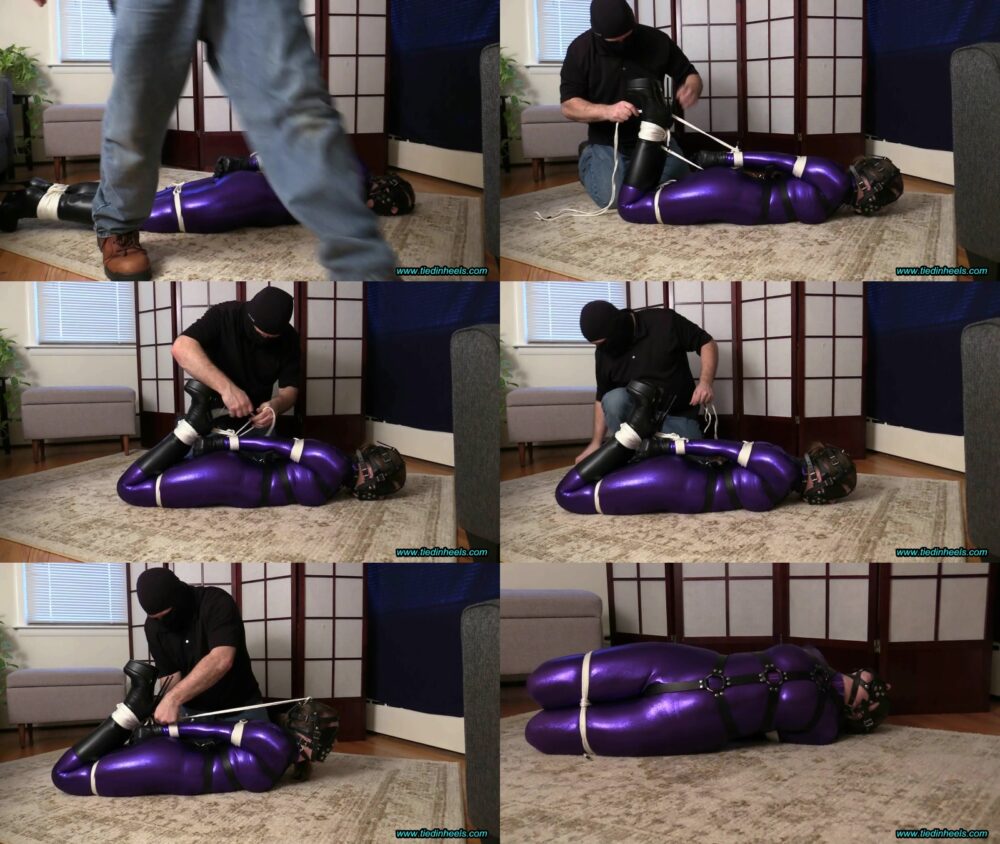Rachel Adams in Hogtied in Ropes, Leather Bodyharness and Muzzlegag! TiedInHeels.com