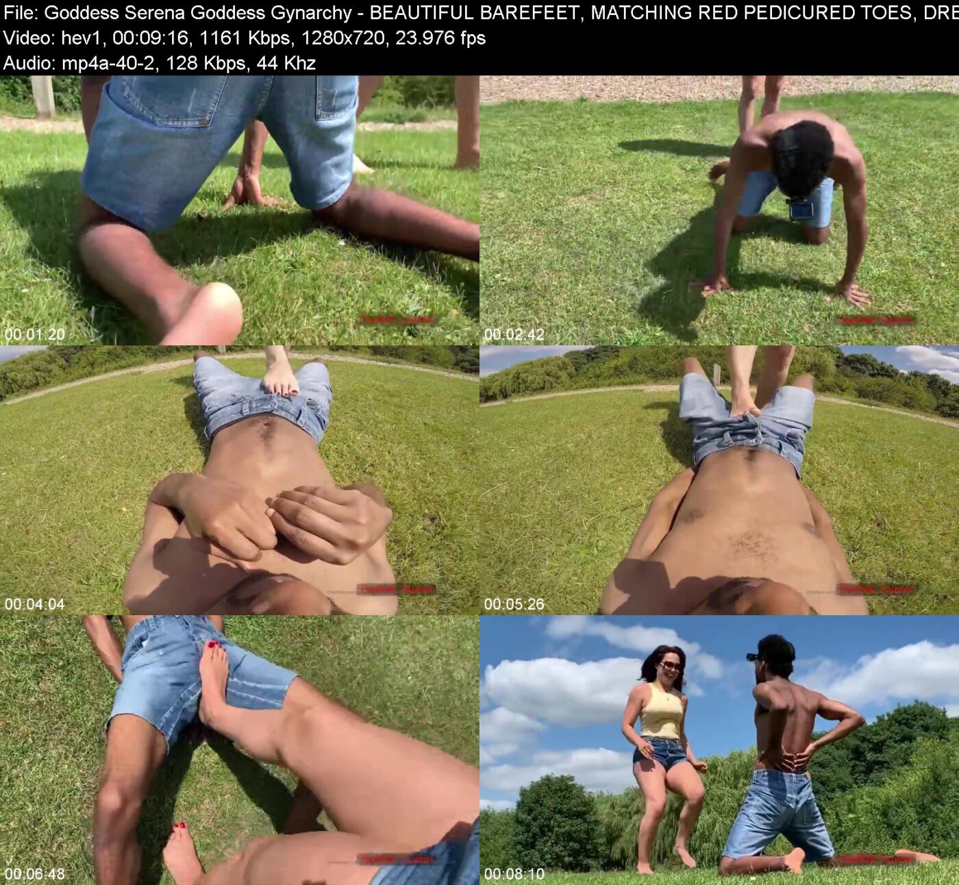 Actress: Goddess Serena Goddess Gynarchy. Title and Studio: BEAUTIFUL BAREFEET, MATCHING RED PEDICURED TOES, DRESSED CASUALLY IN THEIR JEAN SHORTS AND BRIGHT TOPS