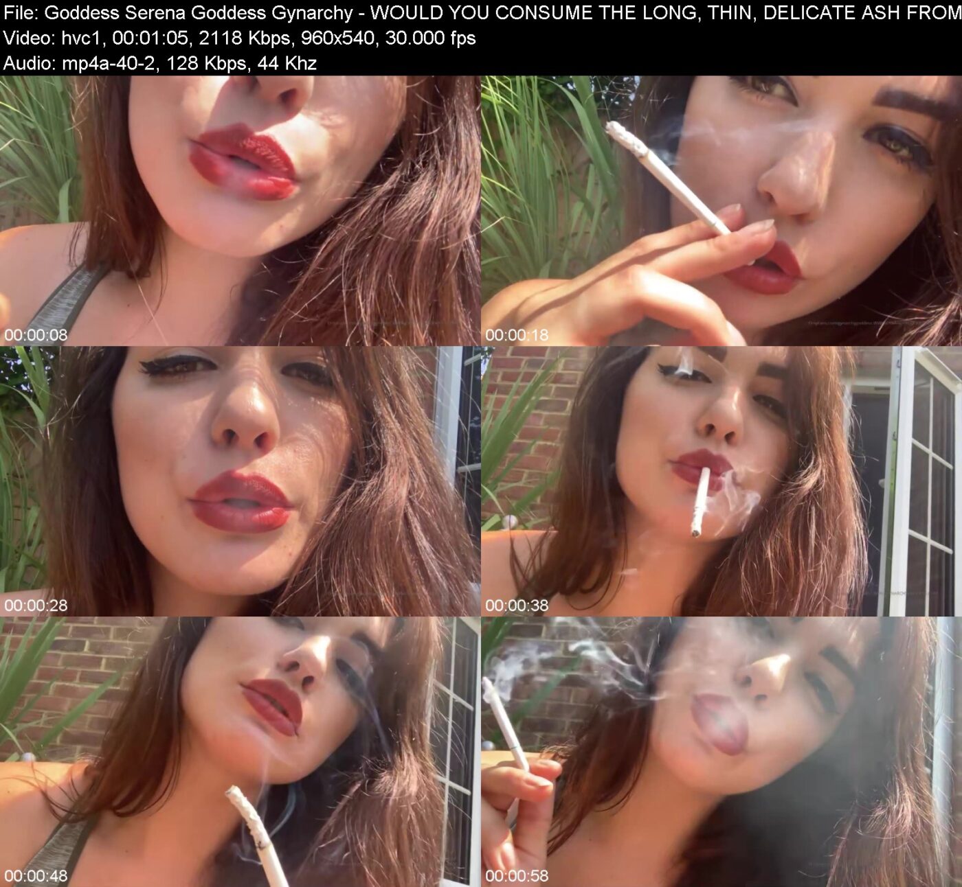 Actress: Goddess Serena Goddess Gynarchy. Title and Studio: WOULD YOU CONSUME THE LONG, THIN, DELICATE ASH FROM THE BOTTOM OF MY SUPER SLIM CIGARETTE