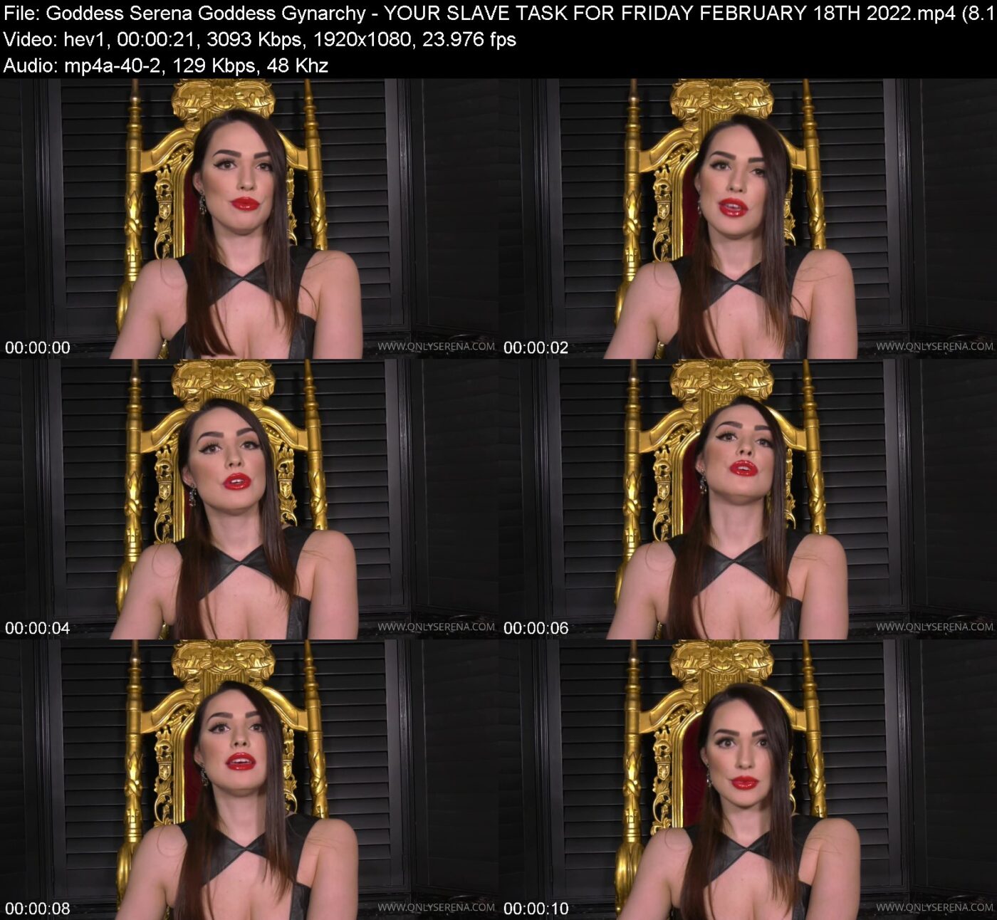 Actress: Goddess Serena Goddess Gynarchy. Title and Studio: YOUR SLAVE TASK FOR FRIDAY FEBRUARY 18TH 2022