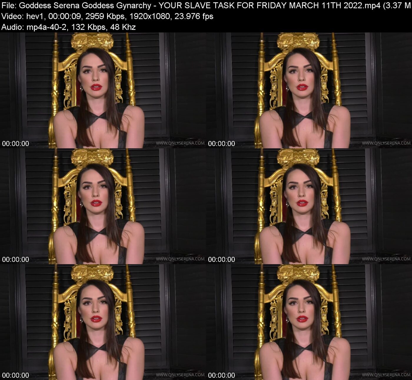 Actress: Goddess Serena Goddess Gynarchy. Title and Studio: YOUR SLAVE TASK FOR FRIDAY MARCH 11TH 2022