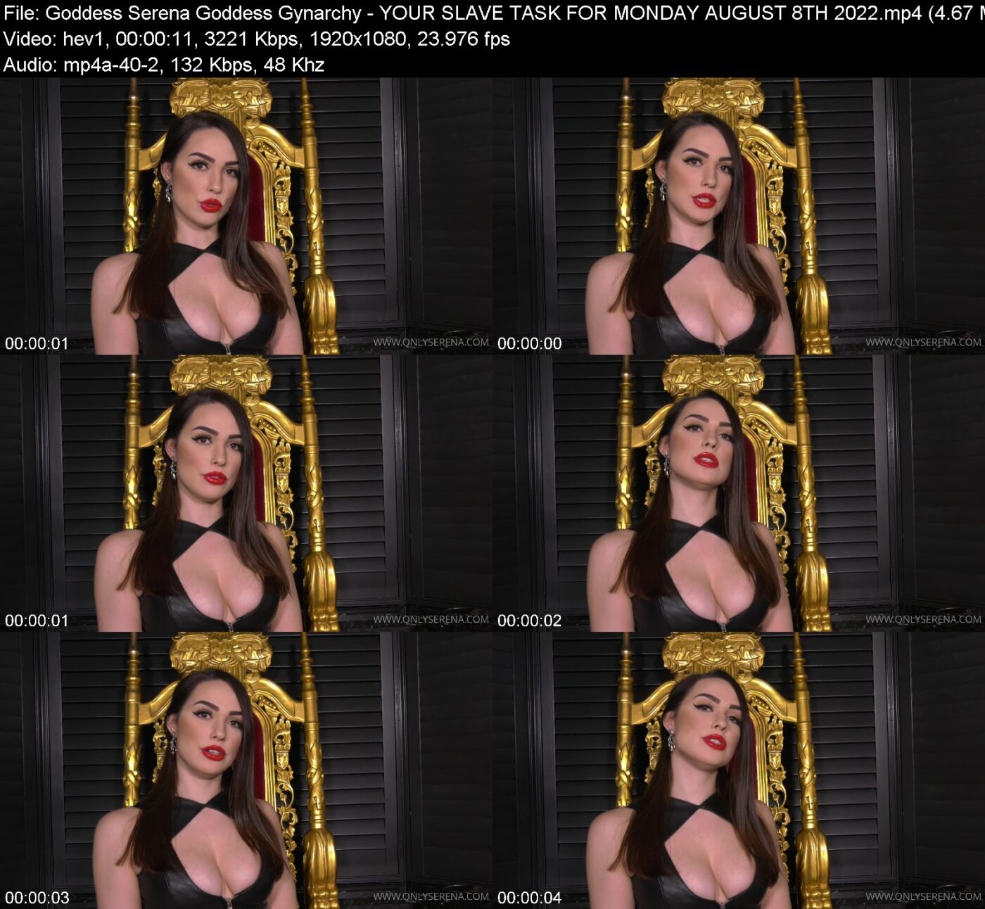 Actress: Goddess Serena Goddess Gynarchy. Title and Studio: YOUR SLAVE TASK FOR MONDAY AUGUST 8TH 2022
