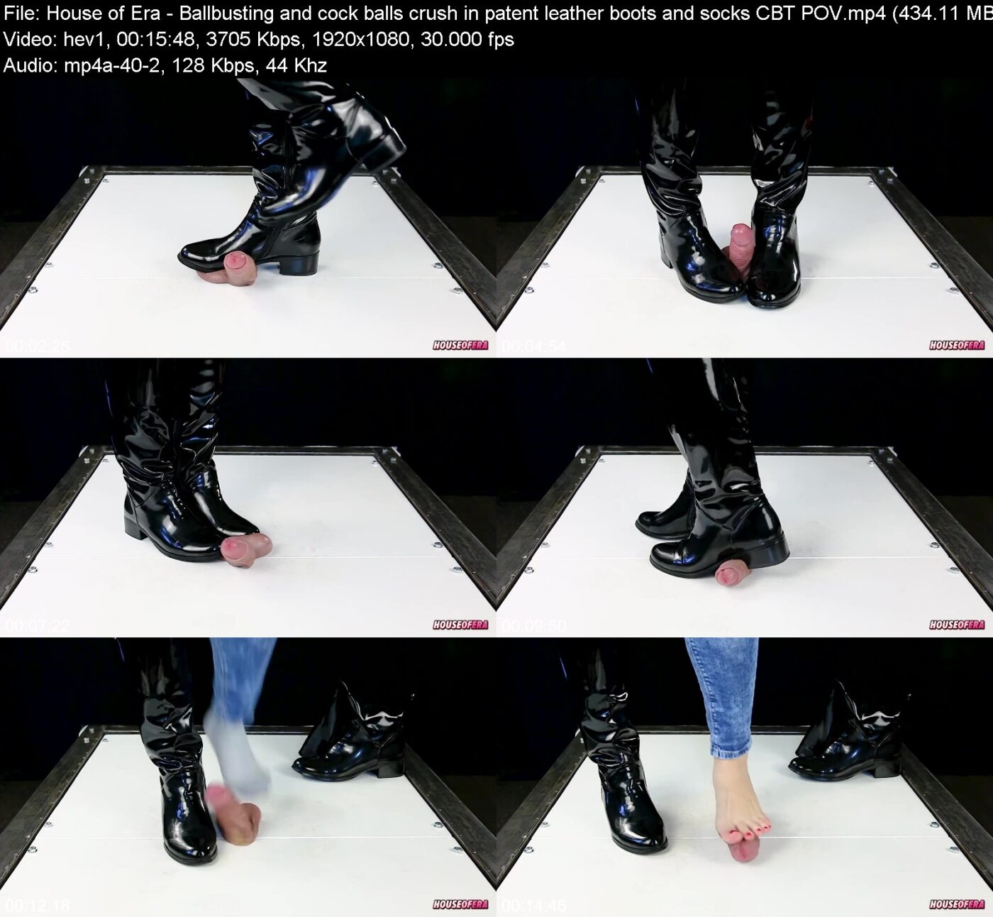 Actress: House of Era. Title and Studio: Ballbusting and cock balls crush in patent leather boots and socks CBT POV