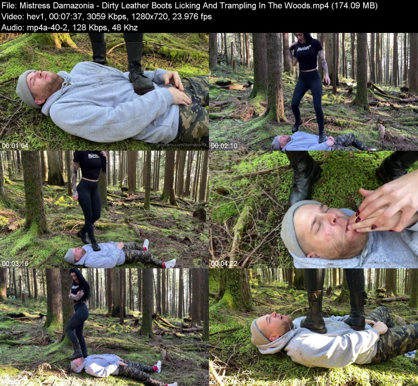Actress: Mistress Damazonia. Title and Studio: Dirty Leather Boots Licking And Trampling In The Woods