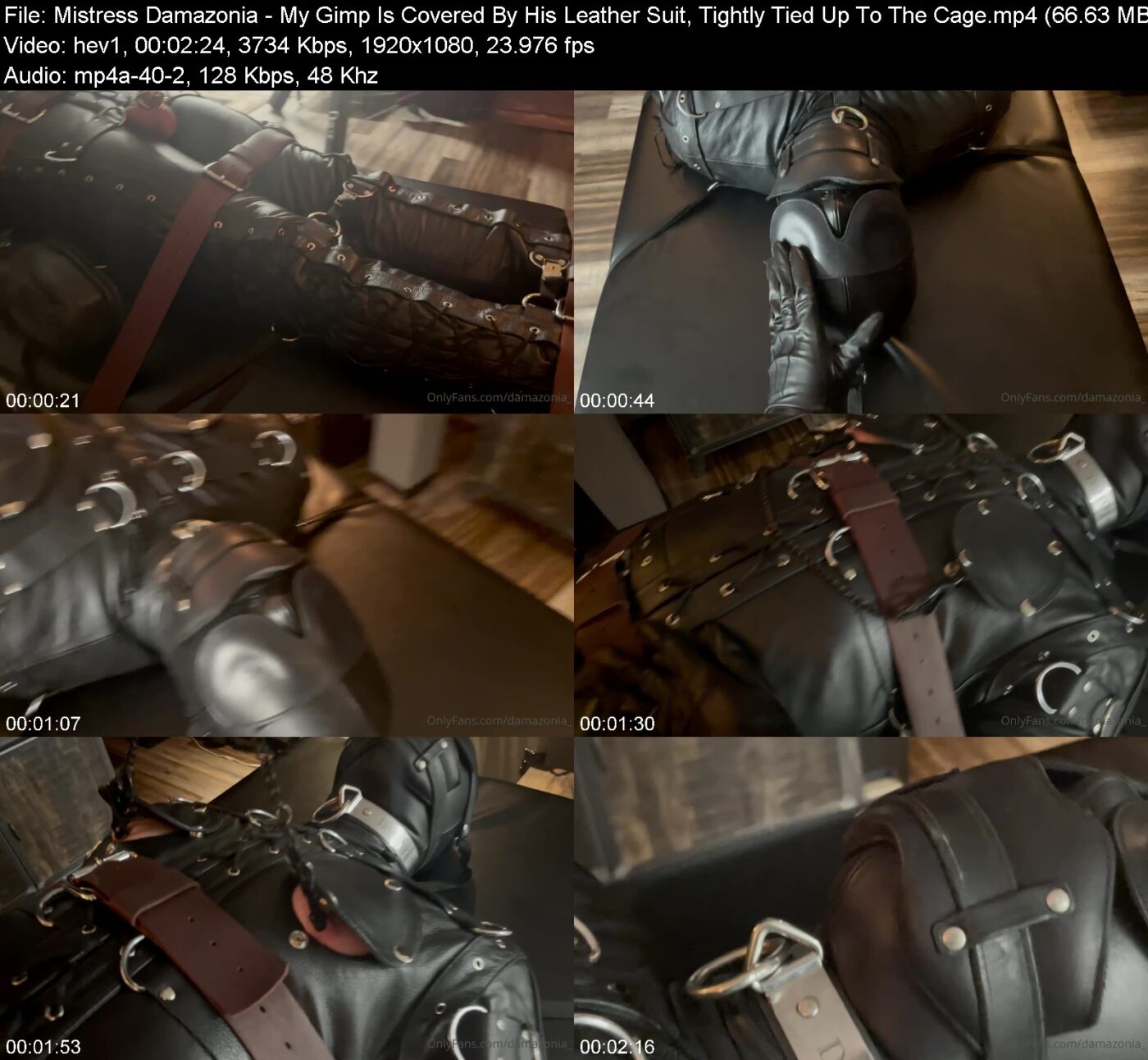 Mistress Damazonia in My Gimp Is Covered By His Leather Suit, Tightly Tied Up To The Cage
