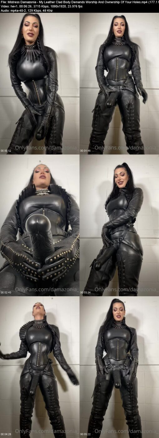 Actress: Mistress Damazonia. Title and Studio: My Leather Clad Body Demands Worship And Ownership Of Your Holes